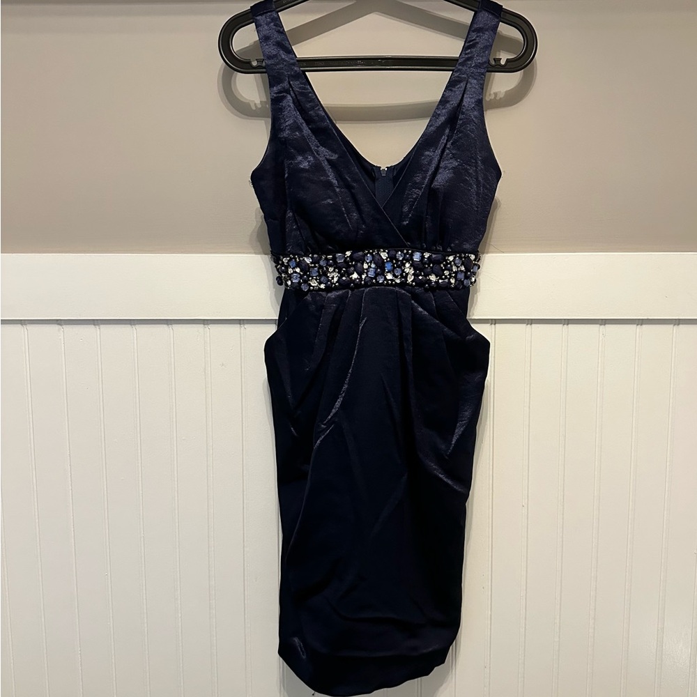 Elegant Navy Silk Mini, Sleeveless Dress with Embellished Waist w/ Pockets
